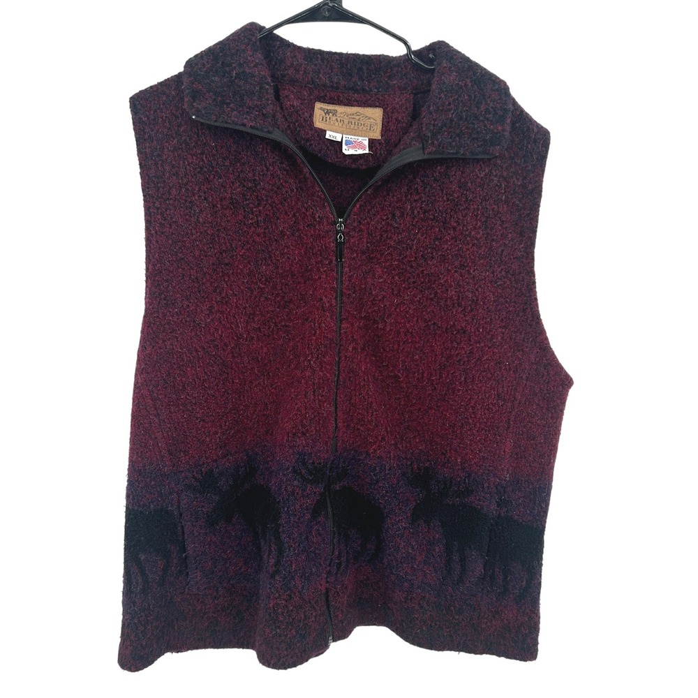 Wool Fleece Moose Vest Mens XXL Burgundy Cabin Lodge Outdoor Zip Up Heritage‎